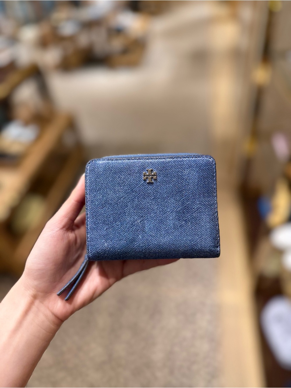 NWT Tory Burch Emerson suede Denim Mini Wallet -  Dark Denim $245